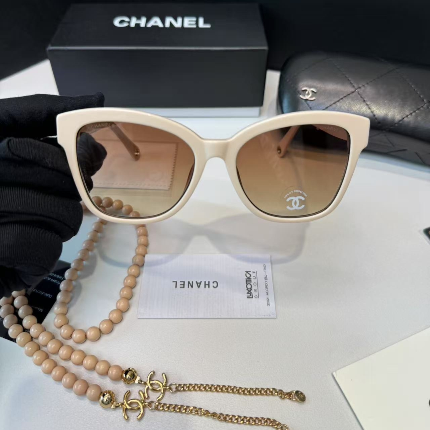 Ch**el Square Sunglasses Beige And Gold For Women A71510 X08101 S9713