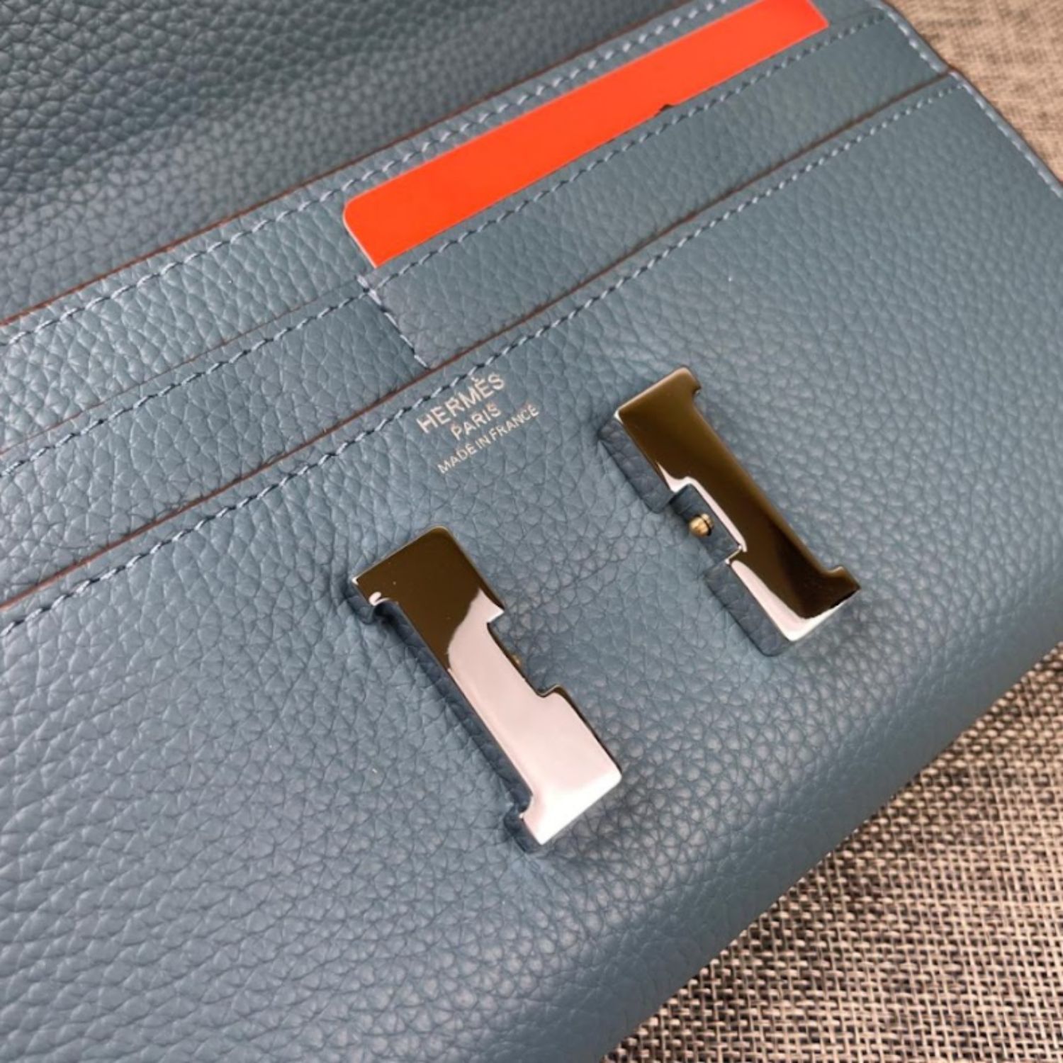 H**me5 Constance Togo Long Wallet 20cm/7.9in Silver Toned Hardware For Women Blue