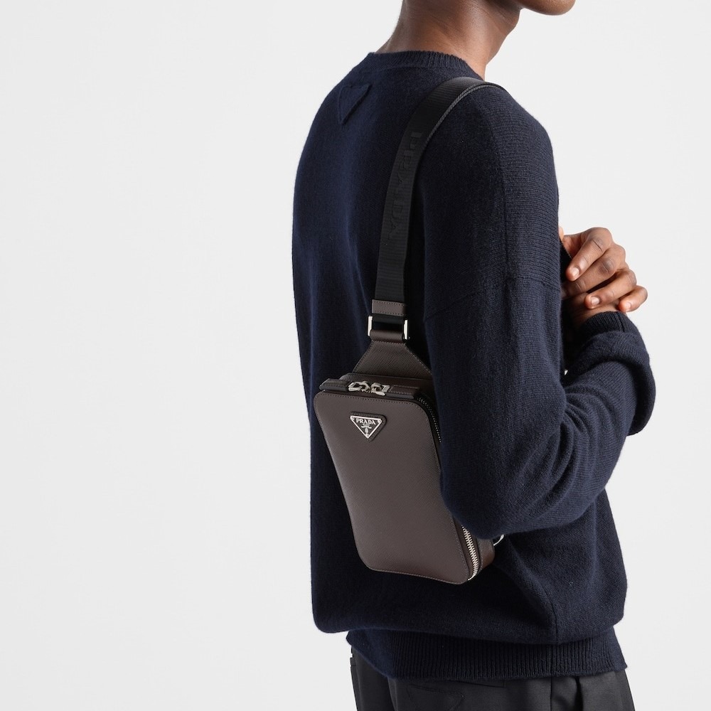 [True-to-ORIGINAL] Pra*a Pra*a Brique Saffiano Leather Bag Coffee For Men 5.5in/14cm 2VZ106_9Z2_F0201_V_OOO