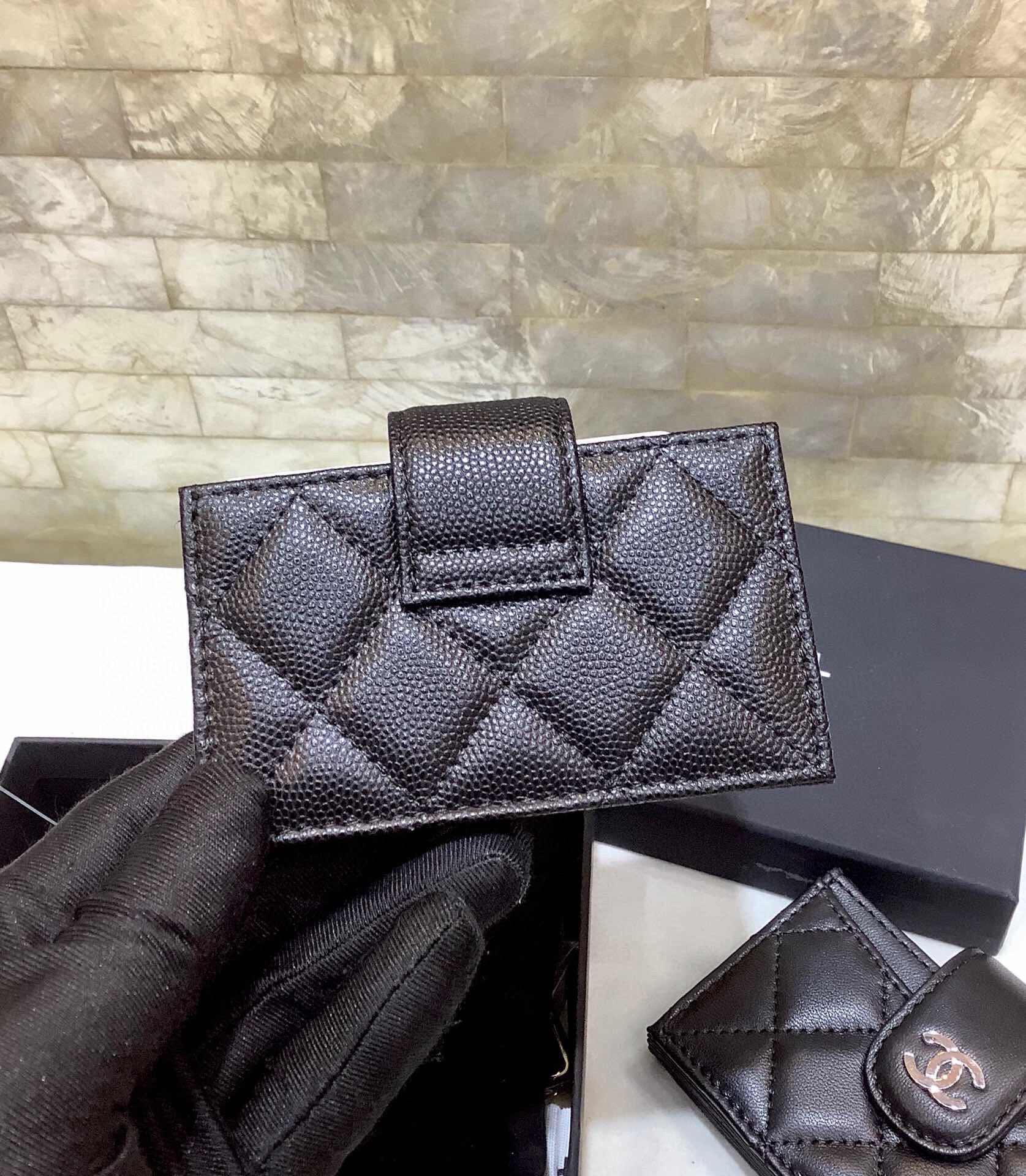 Ch**el CO-CO Card Holder Wallet Black Gold Hardware For Women 10cm/4in