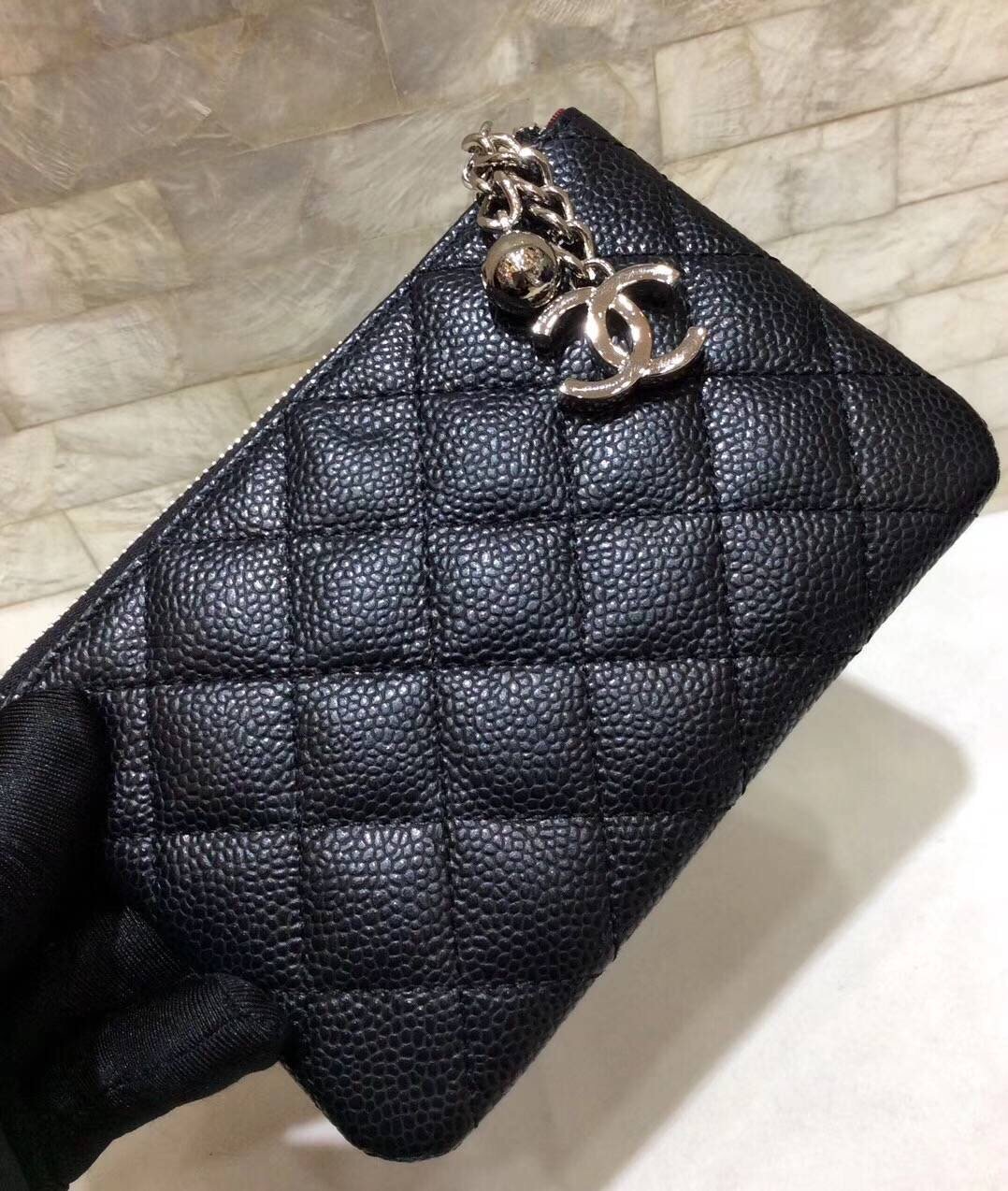 Ch**el CO-CO Classic Mini Pouch Wallet 14cm/5.5in Gold Toned Hardware For Women Black