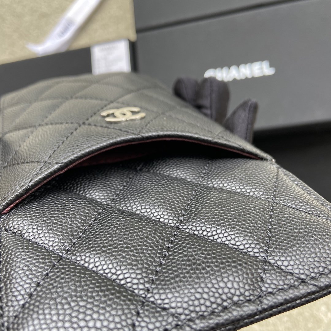 Ch**el CO-CO Mini Pouch Wallet 19.5cm/7.7in Silver Hardware For Women Black