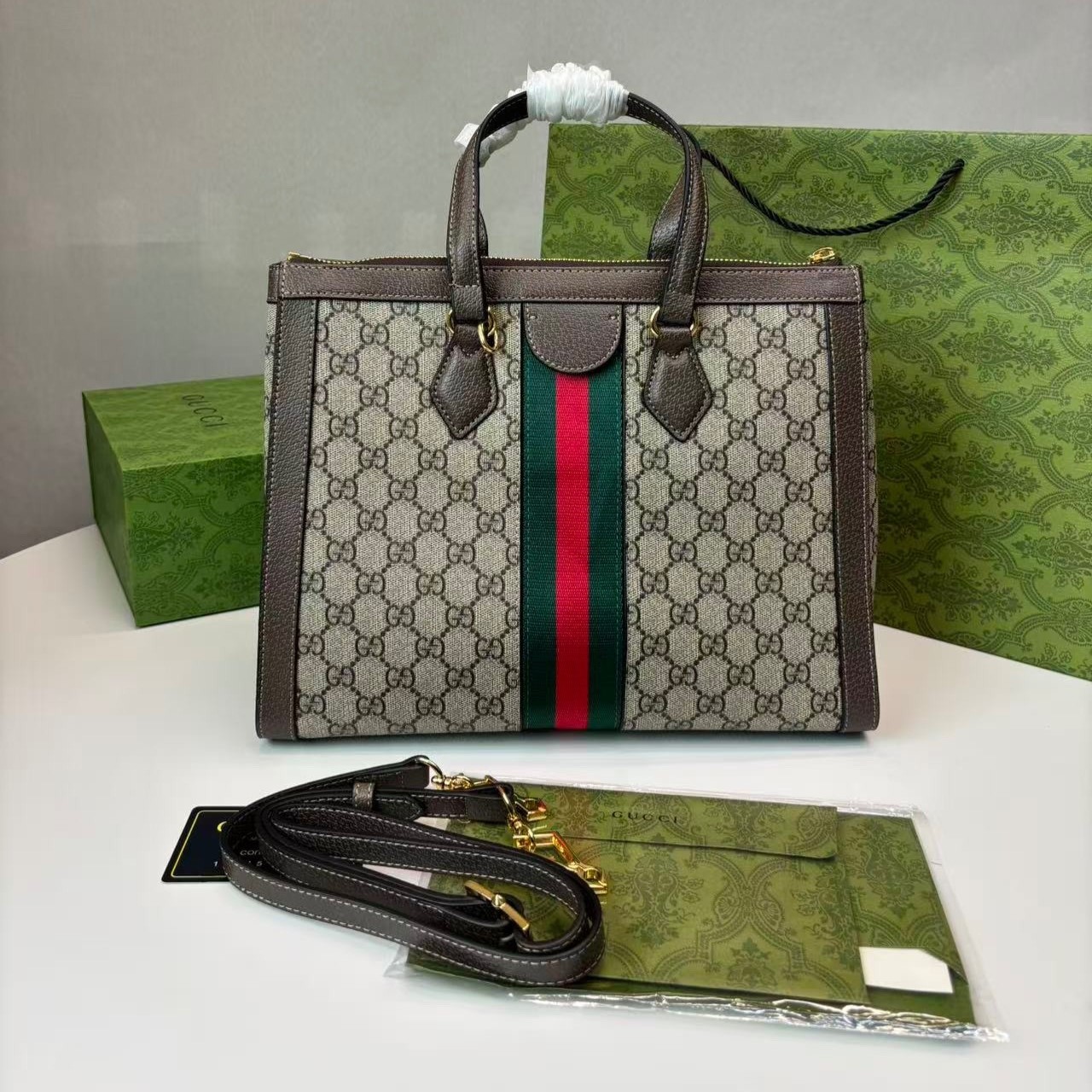 Gvc*1 Ophidia GG Medium Tote Bag Beige/Ebony GG Svp*me Canvas With Brown For Women 13in/33cm GG 524537 K05NB 8745