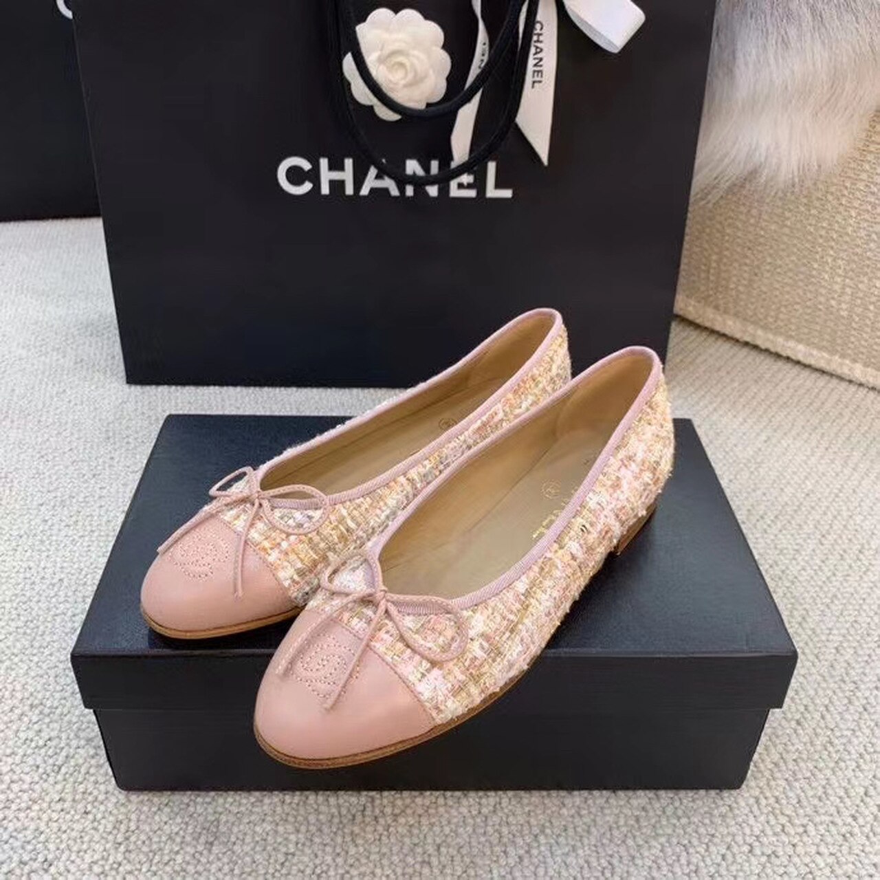 Ch**el Ballerina Flats Tweed and Grosgrain Light Pink For Women, Women’s Shoes G02819