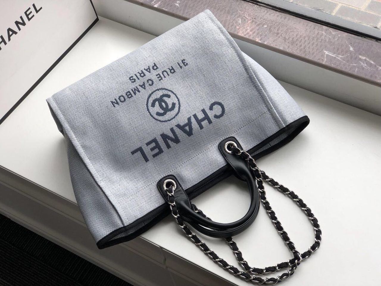 Ch**el Deauville Tote 38cm White Gray For Women A66941