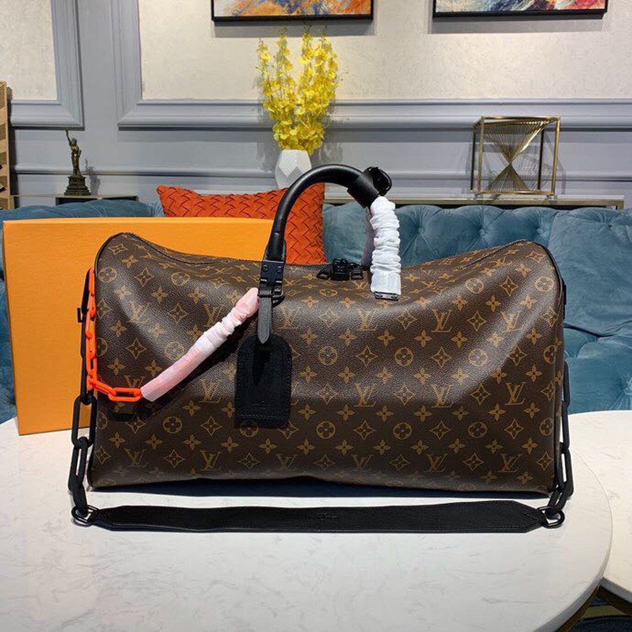L0vis Vvtt0n Keepall Bandouliere 50 Monogram Solar Ray Canvas Black/Orange By Virgil Abloh 19.7in/50cm LV M44471