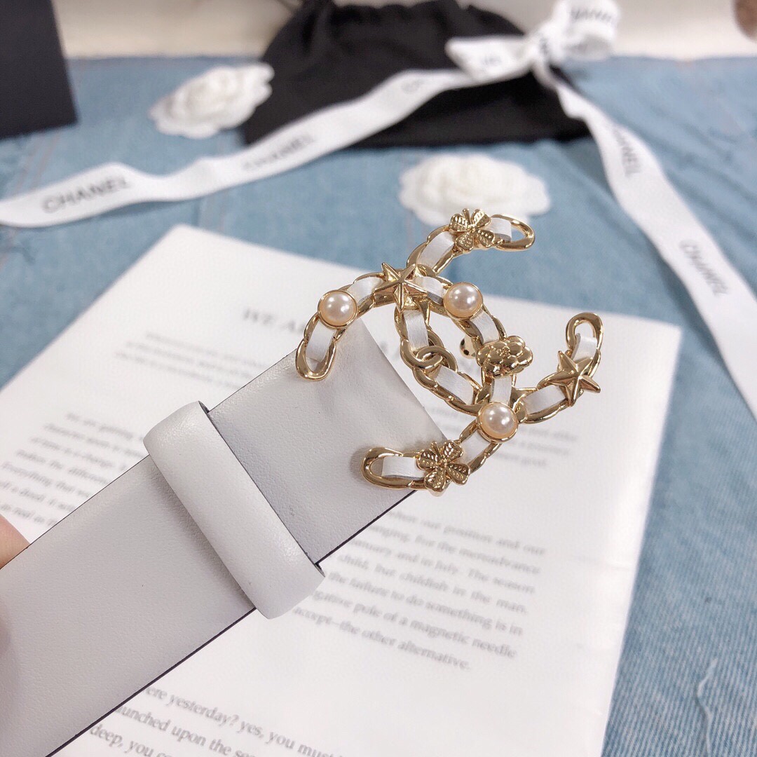 Ch**el Belt With Double C Buckle White Gold Toned Hardware Women Belt