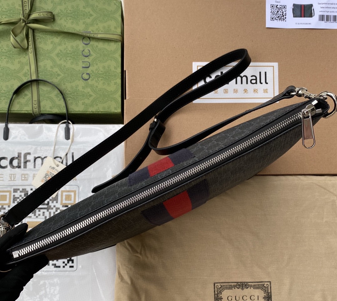 Gvc*1 Black Messenger Black/Grey GG Svp*me Canvas Blue And Red Web For Men 14in/35cm 474139 K5ICN 1095