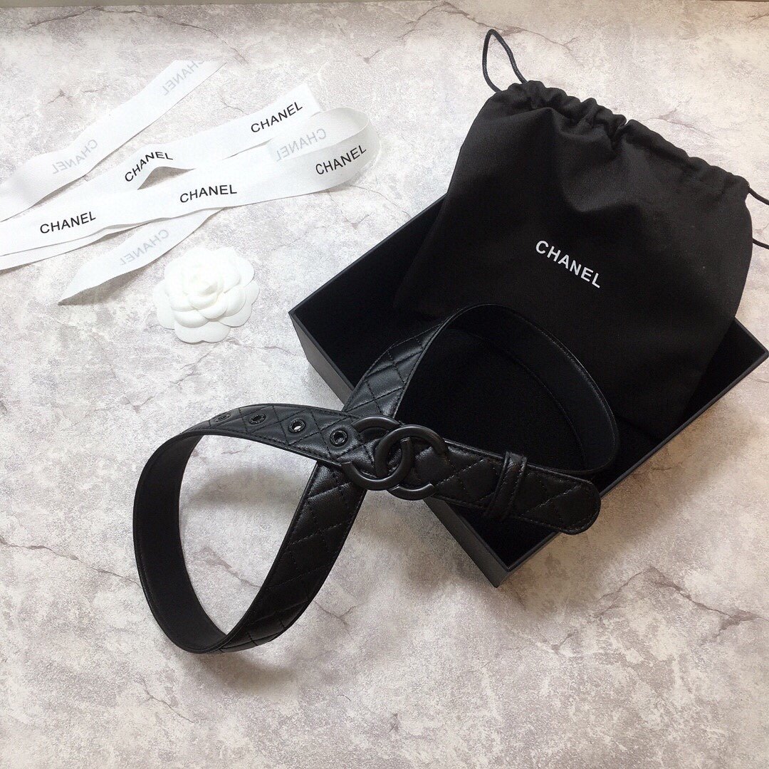 Ch**el Belt Quilted With Double C Buckle Black With Black Hardware Women Belt