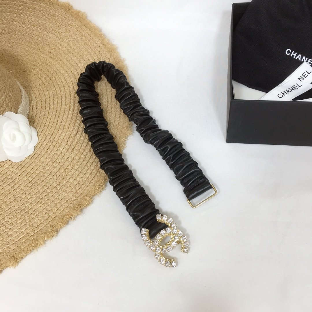 Ch**el Belt With Double C Buckle Black With Gold-Toned Metal and Strass Hardware Women Belt