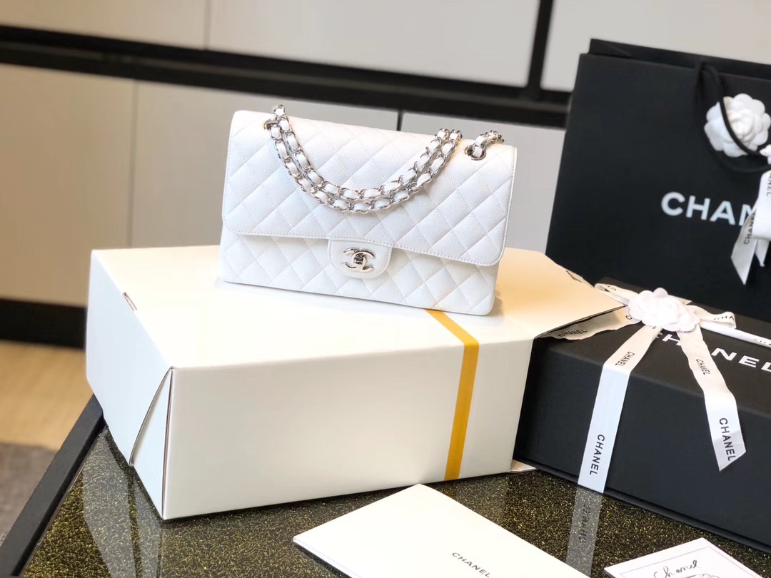 Ch**el Classic Medium Flapbag Silver Hardware White 10in/25.5cm