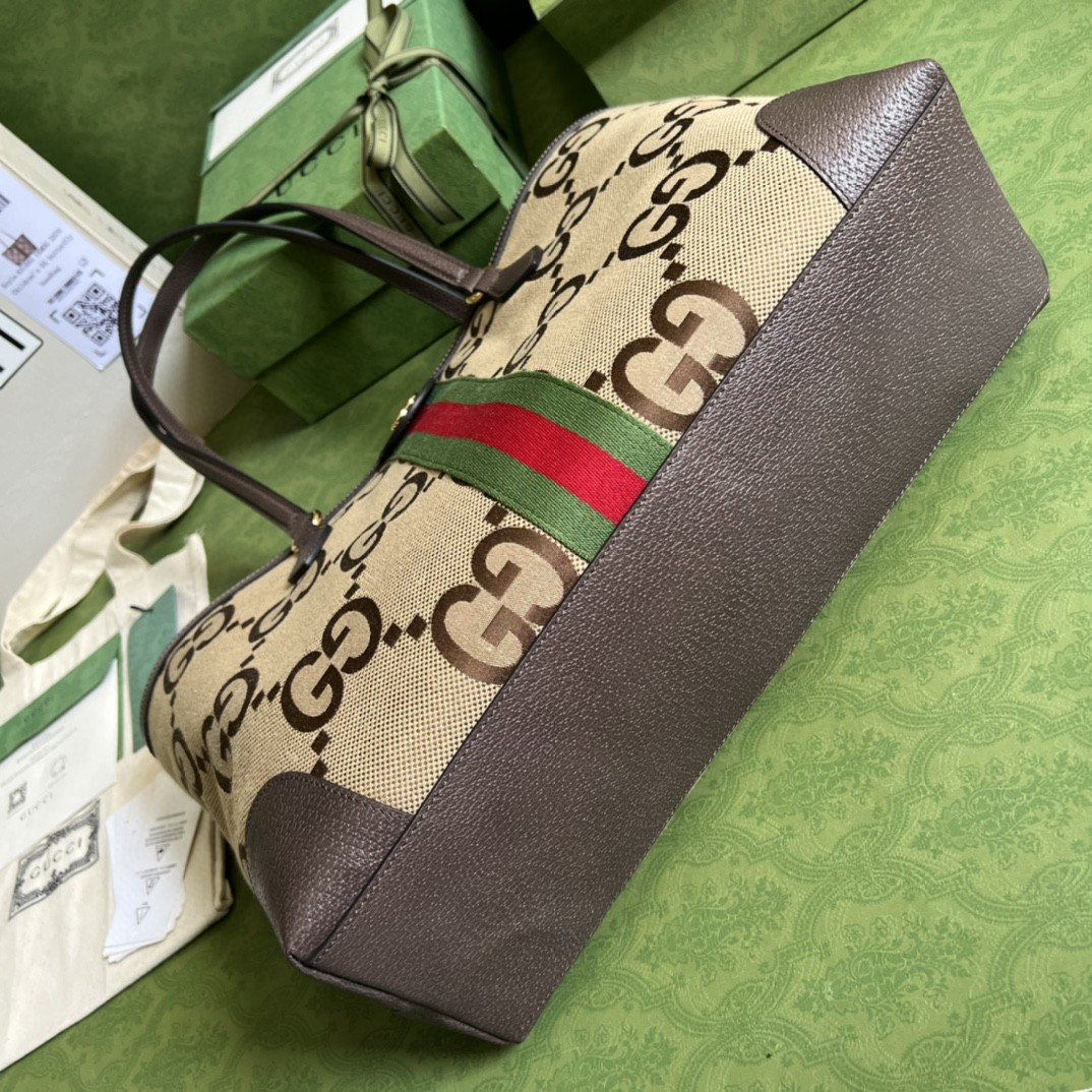 Gvc*1 Ophidia Jumbo GG Medium Tote Camel And Ebony Jumbo Canvas For Women 15in/38cm 631685 UKMDG 2570