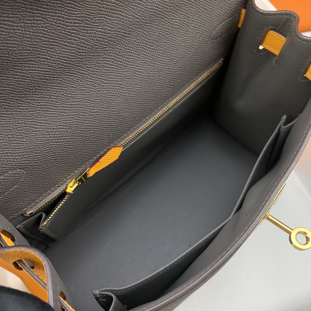 H**me5 Kelly 28 Sellier Epsom Dark Grey/Yellow Bag For Women, Women’s Handbags, Shoulder Bags 11in/28cm