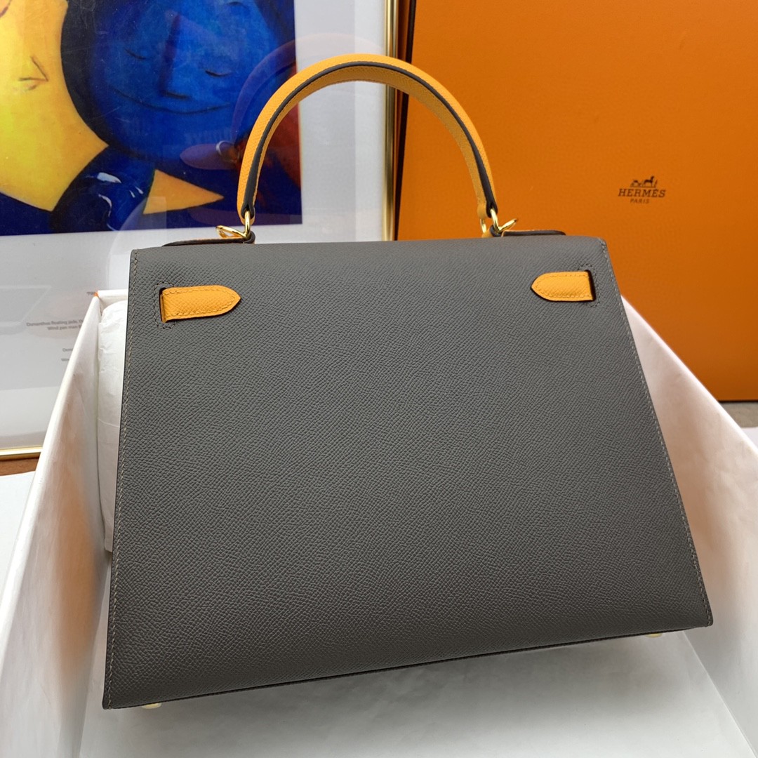 H**me5 Kelly 28 Sellier Epsom Dark Grey/Yellow Bag For Women, Women’s Handbags, Shoulder Bags 11in/28cm