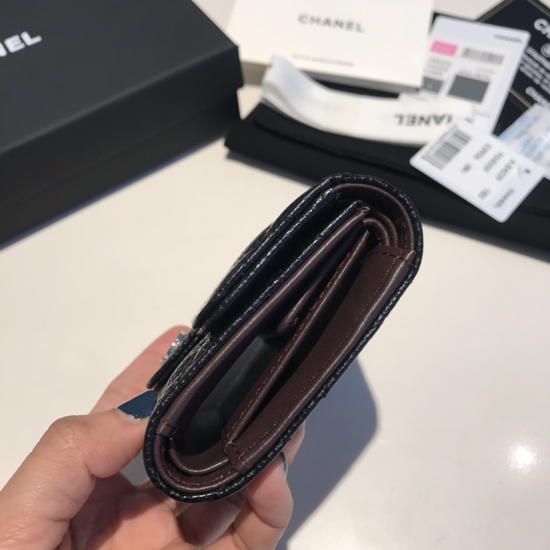 Ch**el CO-CO Classic Card Holder10.5cm/4.1in Silver Hardware For Women Black