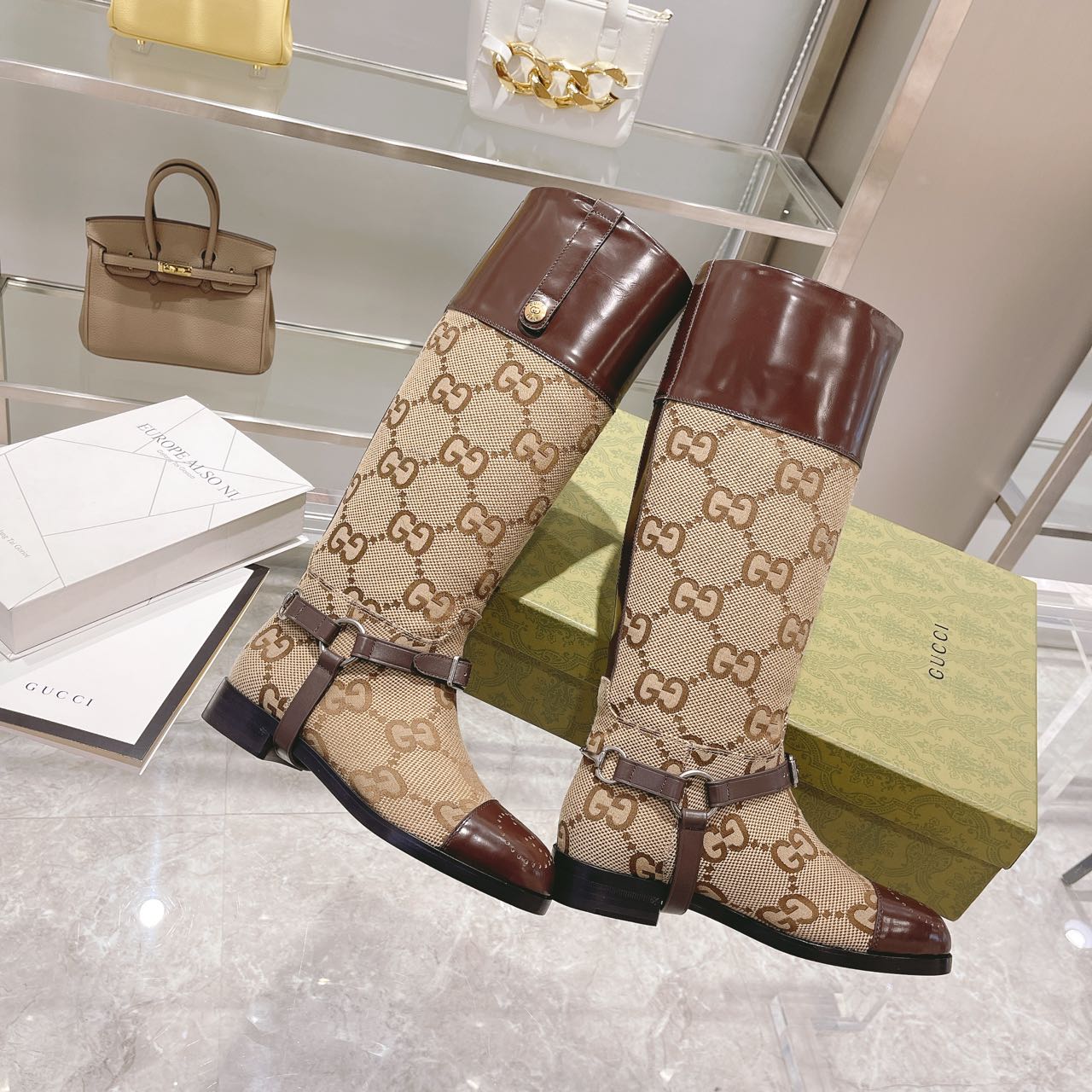 Gvc*1 Knee-High Boots With Harness Beige For Women GG 674673 UKO50 2597