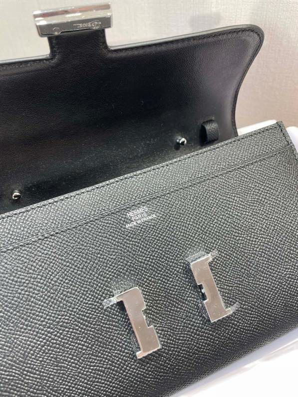 H**me5 Constance Togo Long Wallet  21cm/8.3in Silver Toned Hardware For Women Black