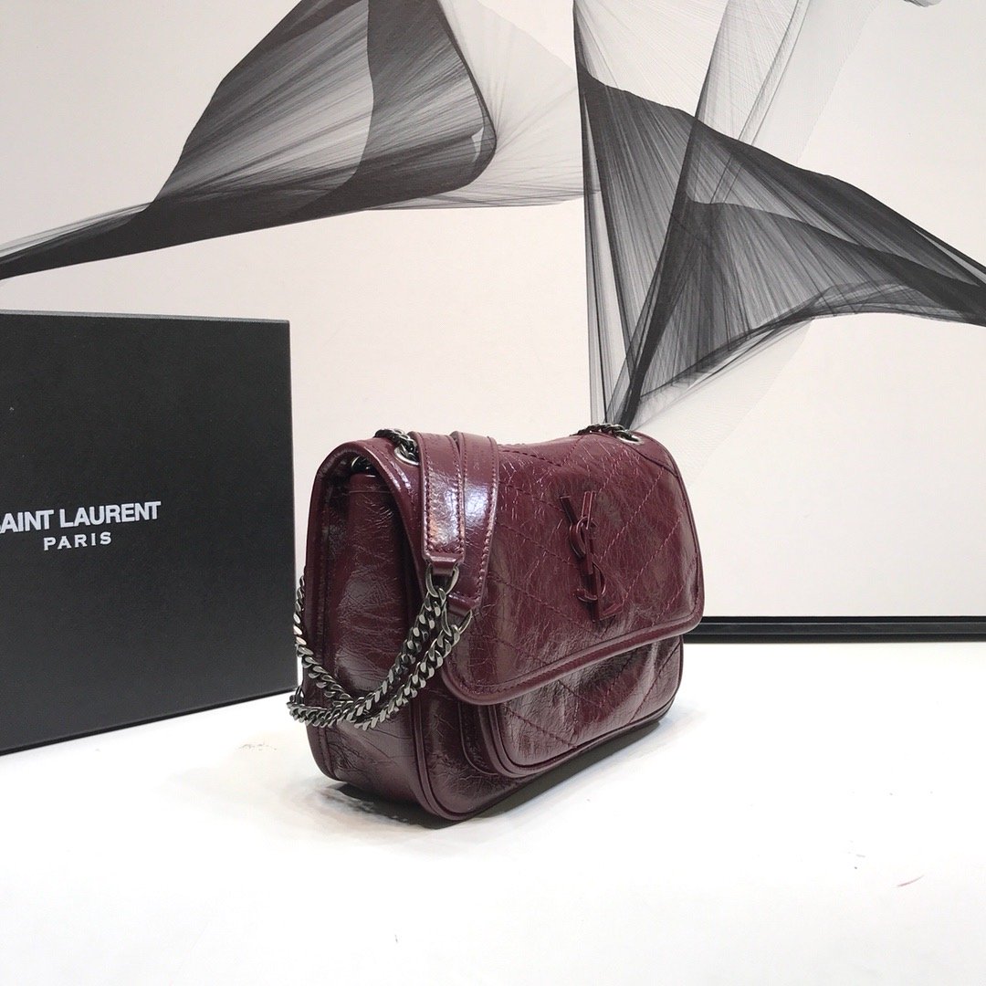 Sa1nt Lau*nt Niki Baby Chain Bag In Crinkled Vintage Burgundy For Women 8.2in/21cm Y51 6331600EN046475