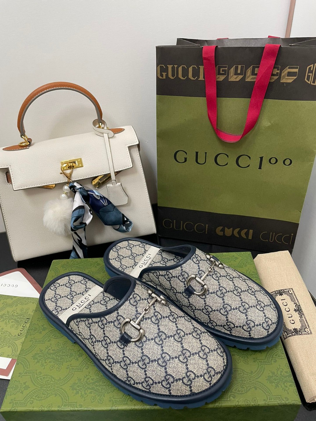 Gvc*1 Men’s GG Slipper With Horsebit Blue For Men GG Shoes ‎694249 96G60 4073