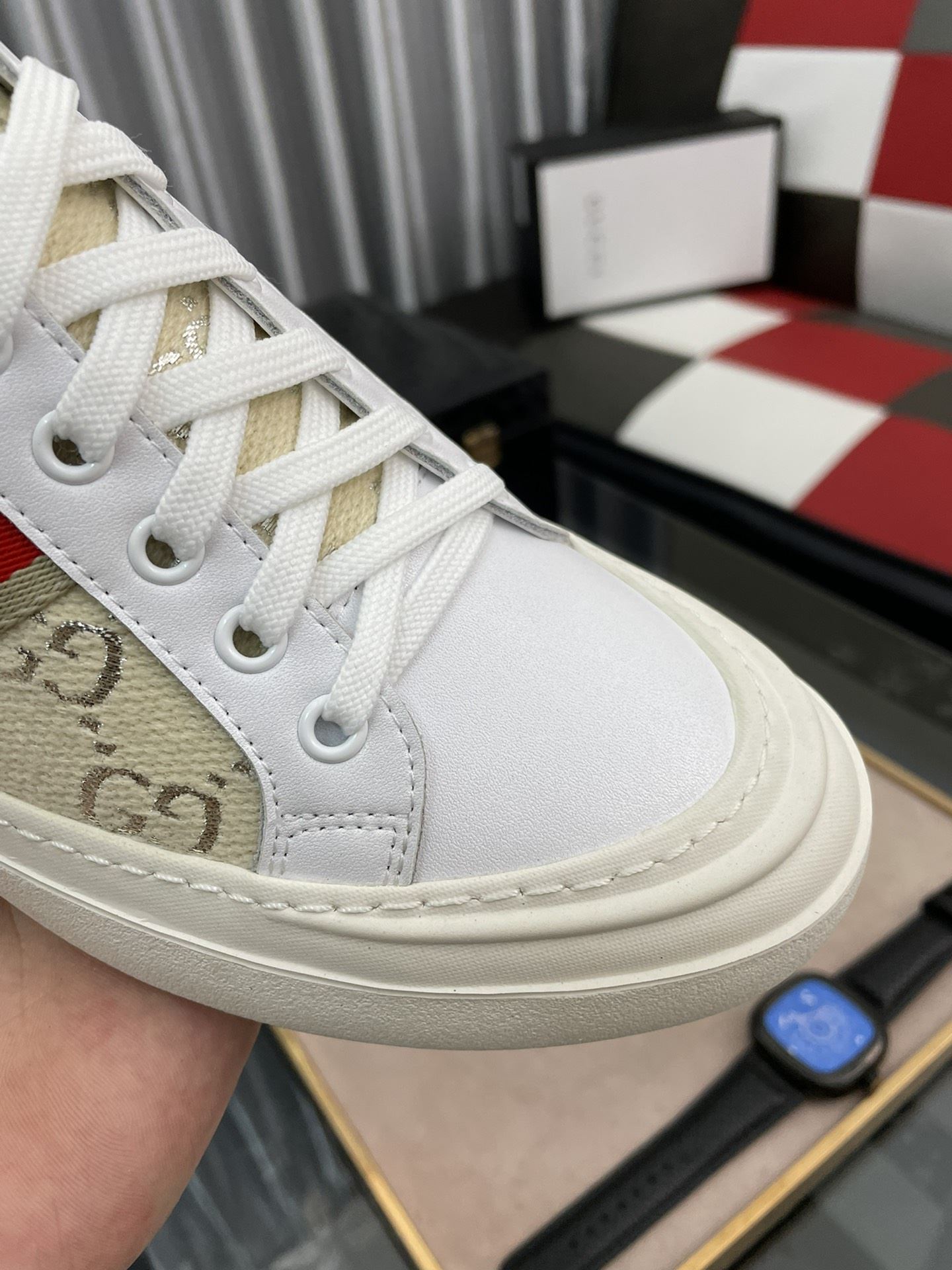 Gvc*1 Men’s GG Embroidery Sneaker With Web White And Beige For Men