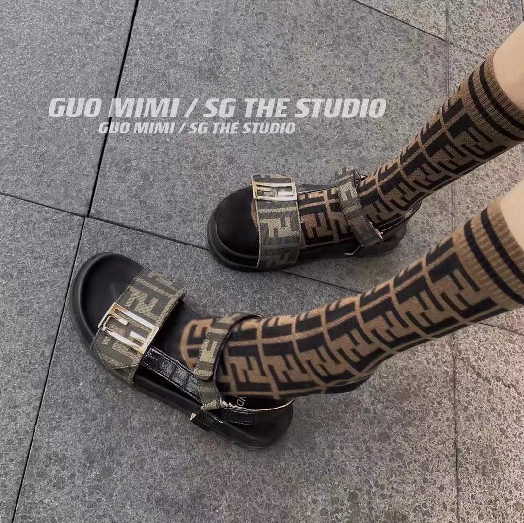 F**di Brown FF Jacquard Sandals For Women