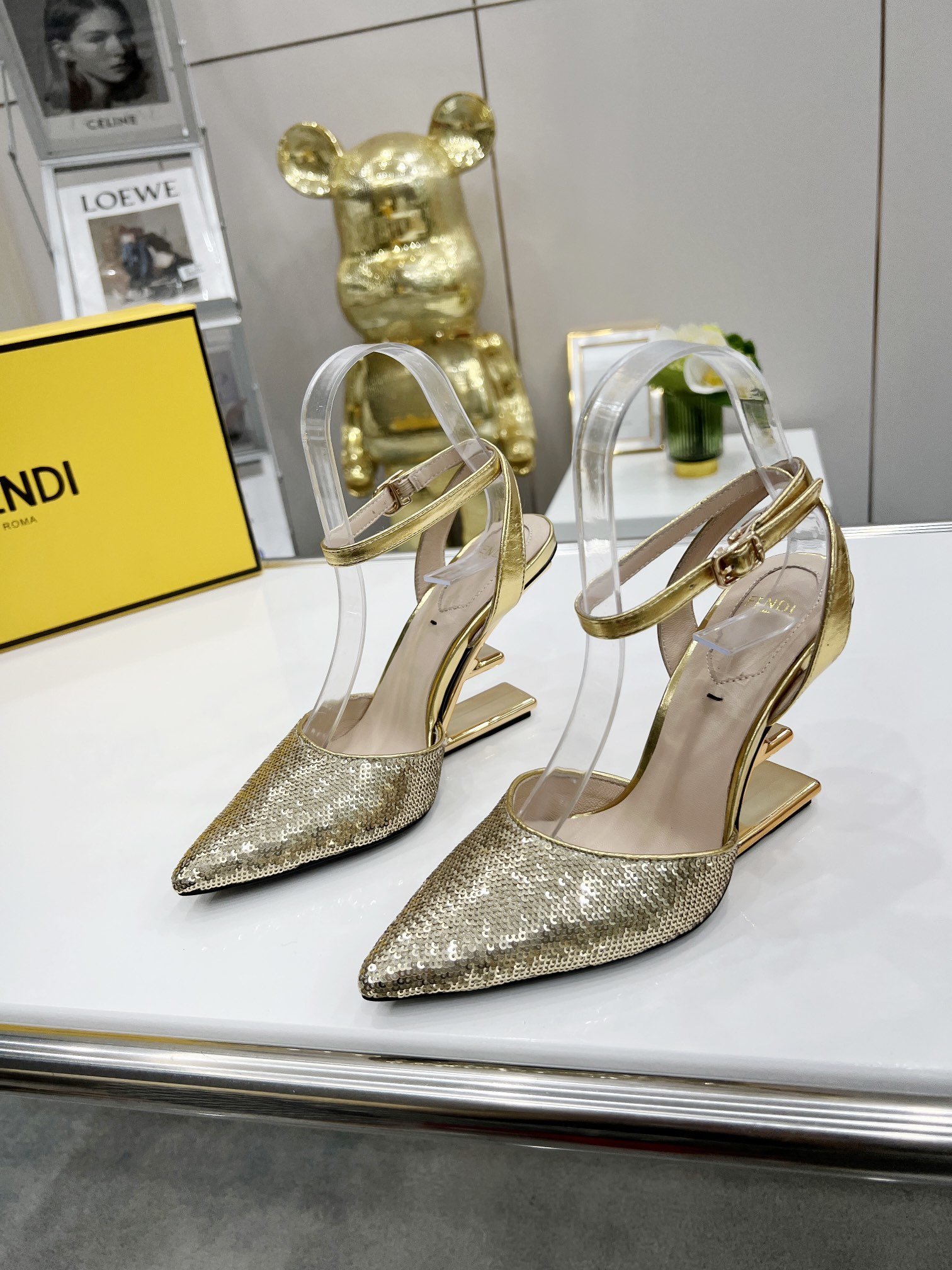 F**di First Gold Glitter High-Heeled Slingbacks For Women