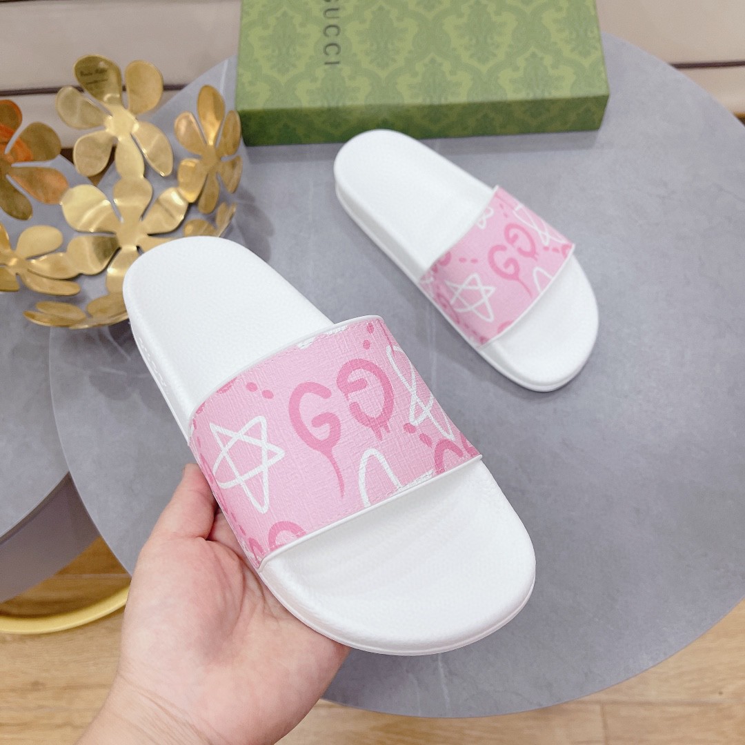 Gvc*1 Women’s GG Stars Print Slide Sandal Pink And White For Women 408508