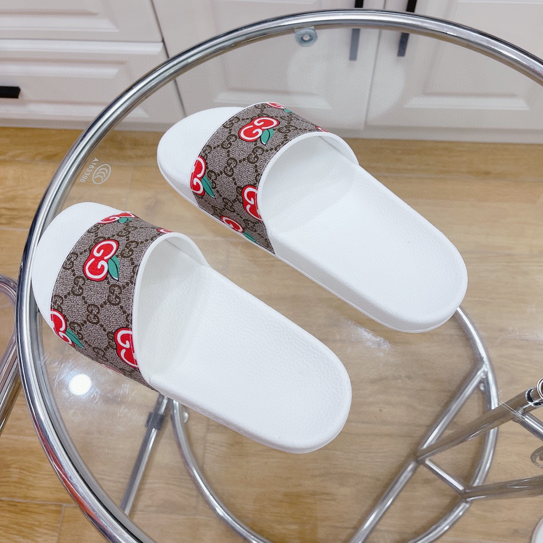 Gvc*1 Men’s GG Slide Sandal With GG Apple White And Brown For Men 407345