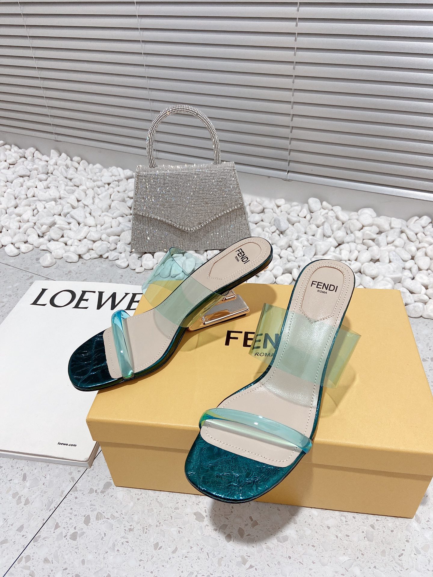 F**di First Dark Green Transparent High-Heeled Sandals For Women