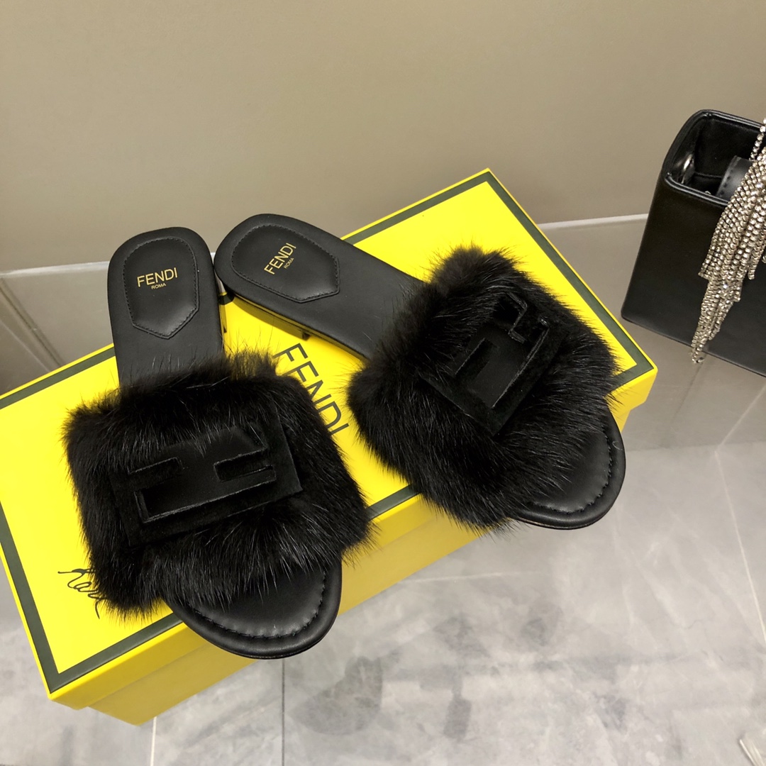 F**di Signature Black Mink Slides For Women