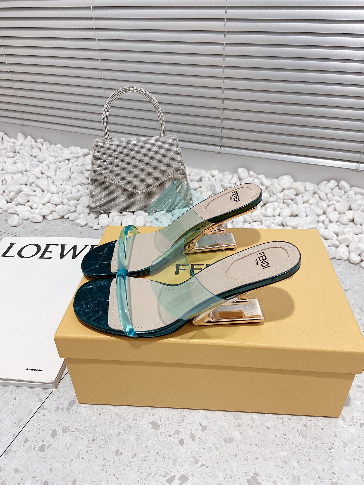 F**di First Dark Green Transparent Medium-Heeled Sandals For Women