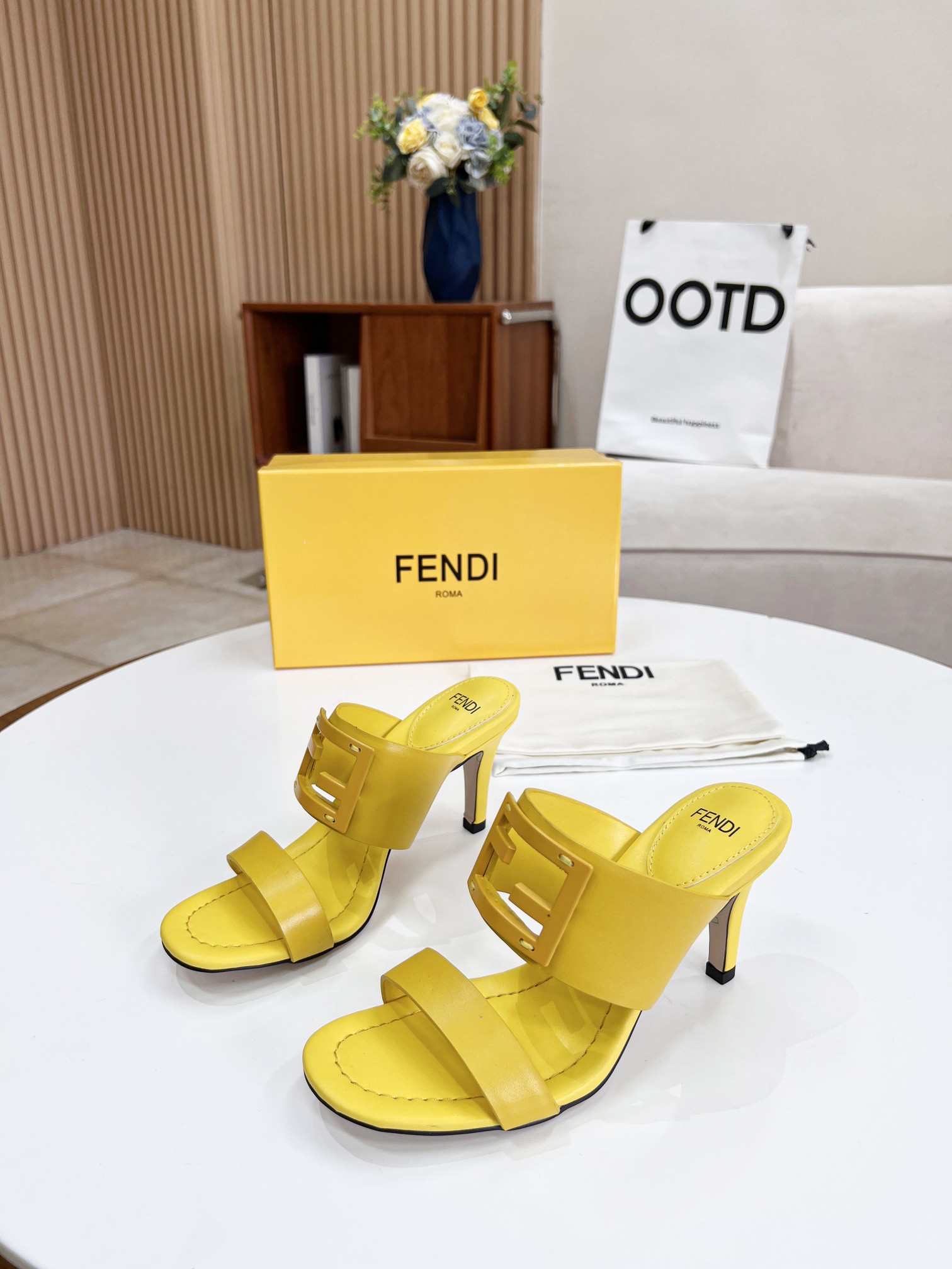 F**di Baguette Yellow Heels For Women