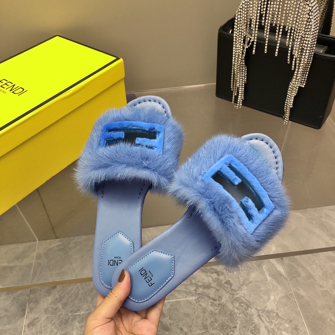 F**di Signature Blue Mink Slides For Women