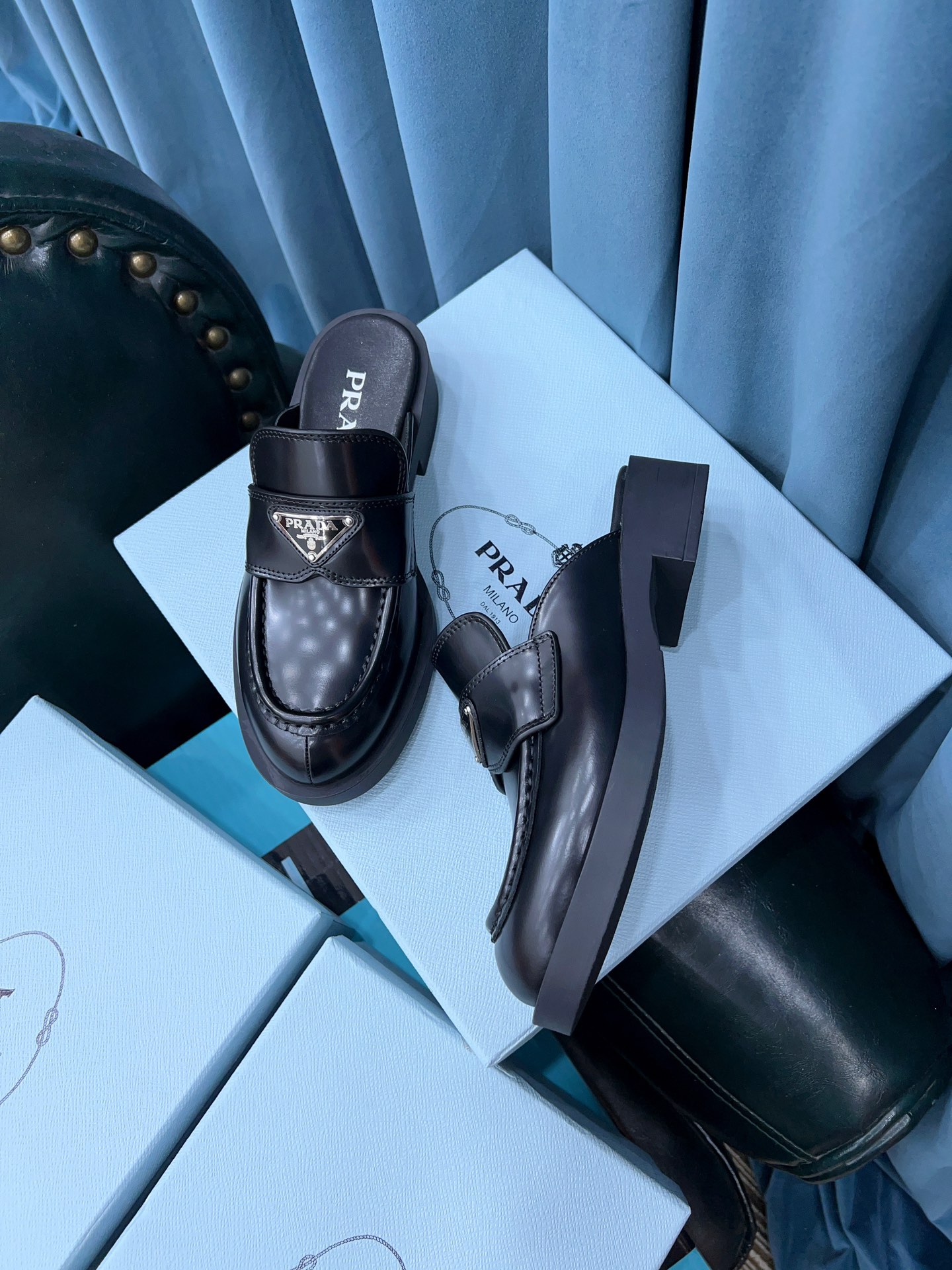 Pra*a Chocolate Brushed Mules Black For Women 1.6in/40mm PRD 1D652M_055_F0002_F_040