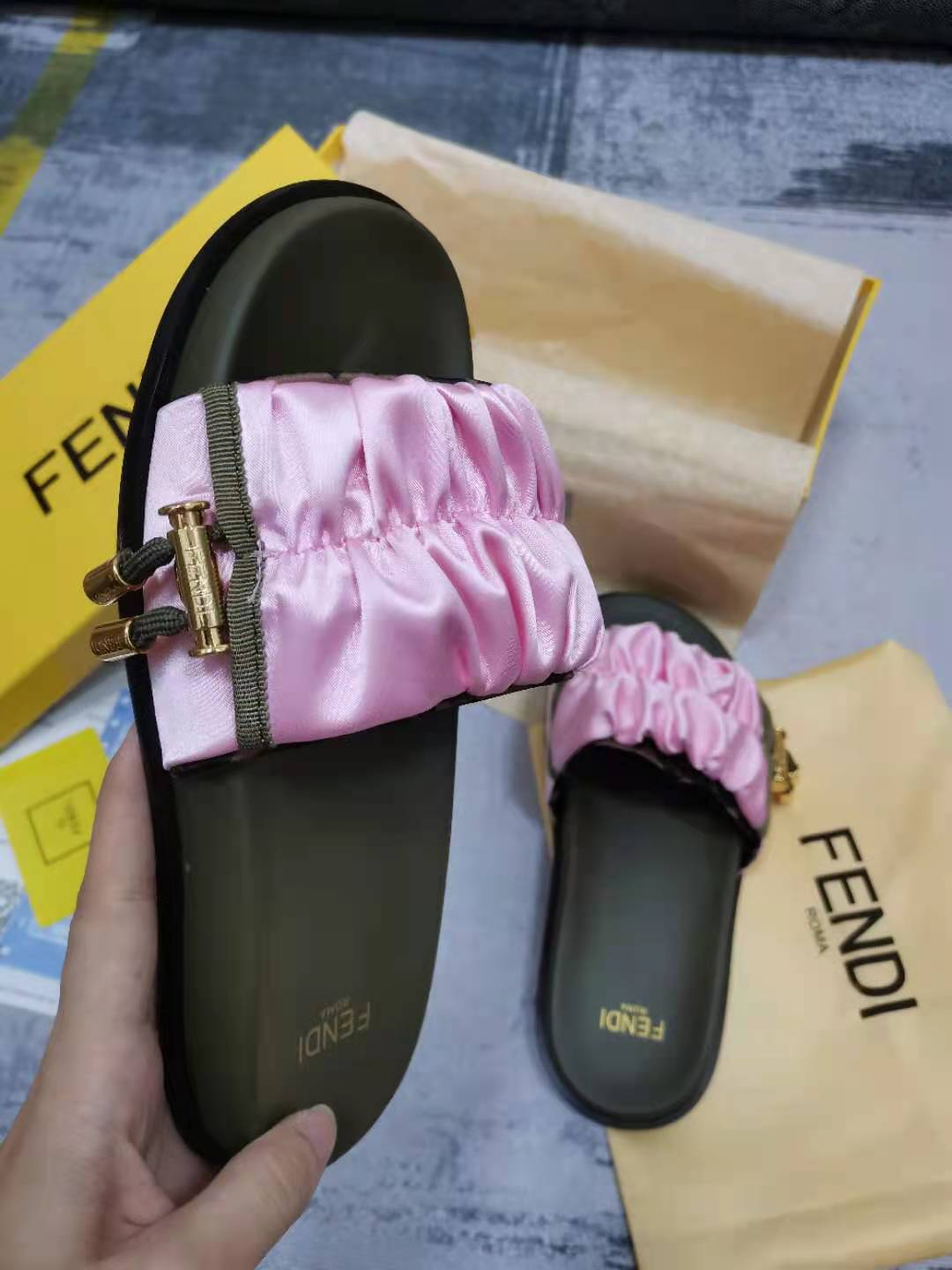 F**di Feel Pink Satin Slides For Women