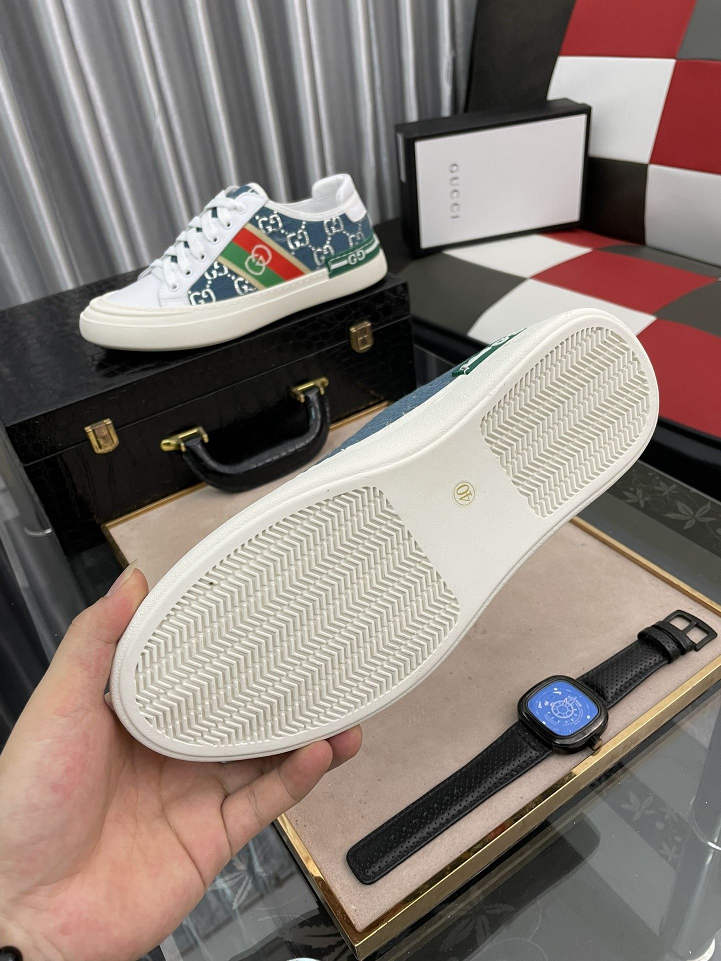 Gvc*1 Men’s GG Embroidery Sneaker With Web White And Blue For Men