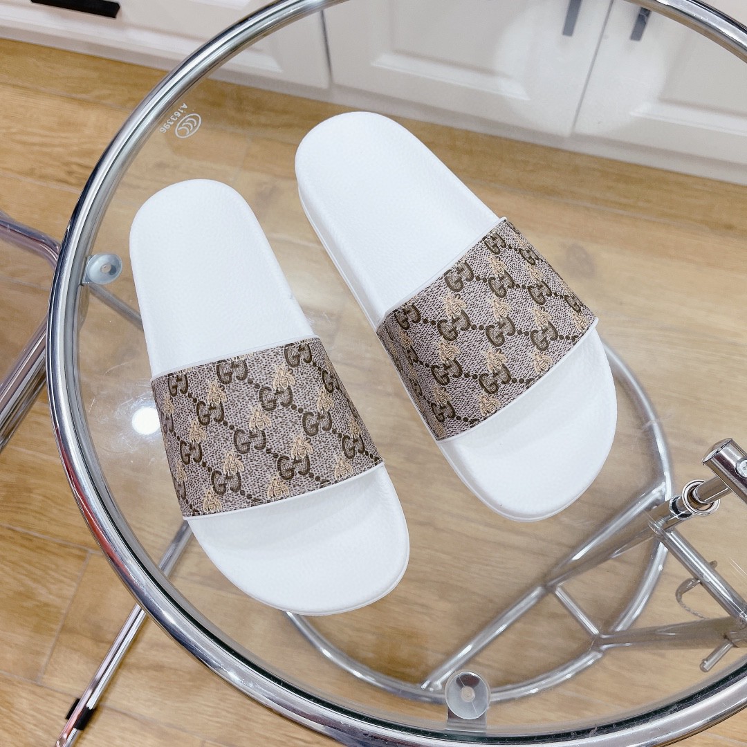 Gvc*1 Women’s GG Slide Sandal With Bees White And Brown For Women 407345