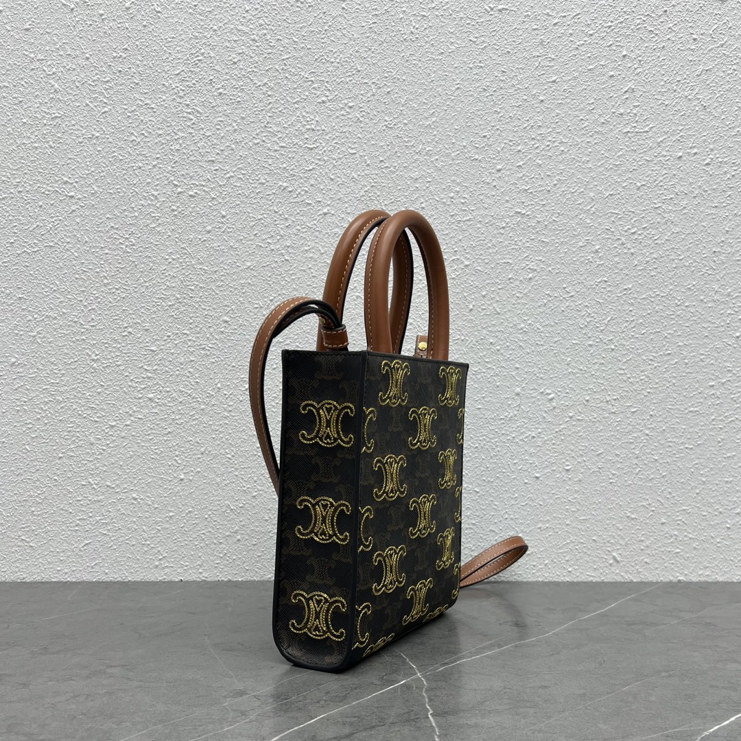 Ce1i*e Mini Folco In Triomphe Canvas With Triomphe Heart Embroidery Brown For Women 8in/20cm