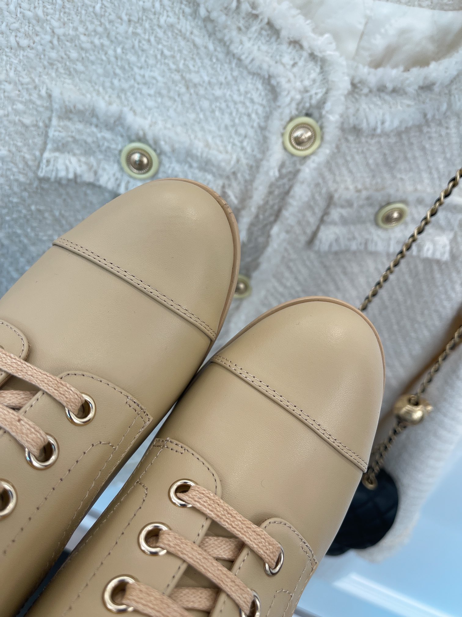 Ch**el Women’s Lace-Up With Chain Beige For Women 3.7in/9.5cm