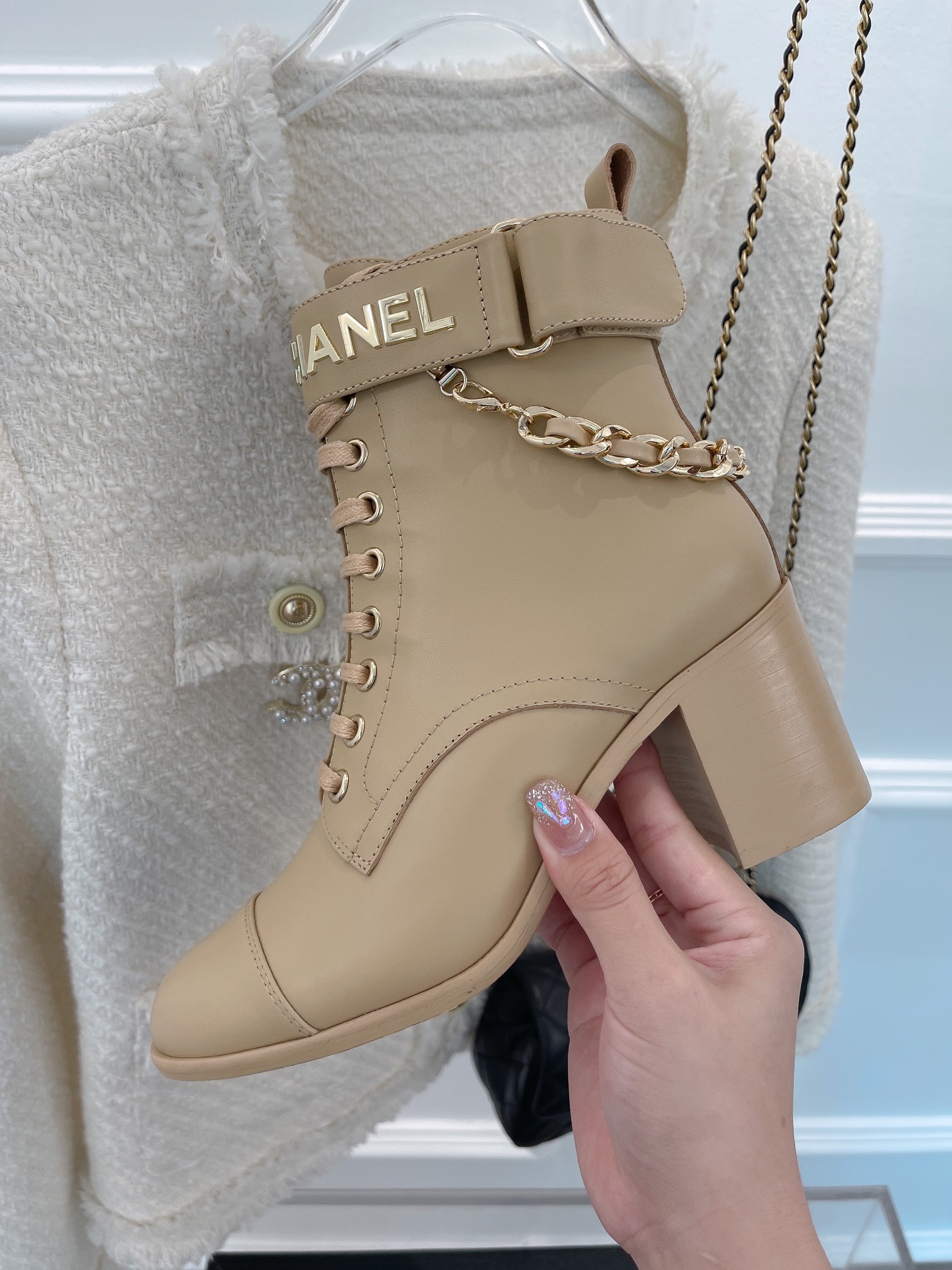 Ch**el Women’s Lace-Up With Chain Beige For Women 3.7in/9.5cm