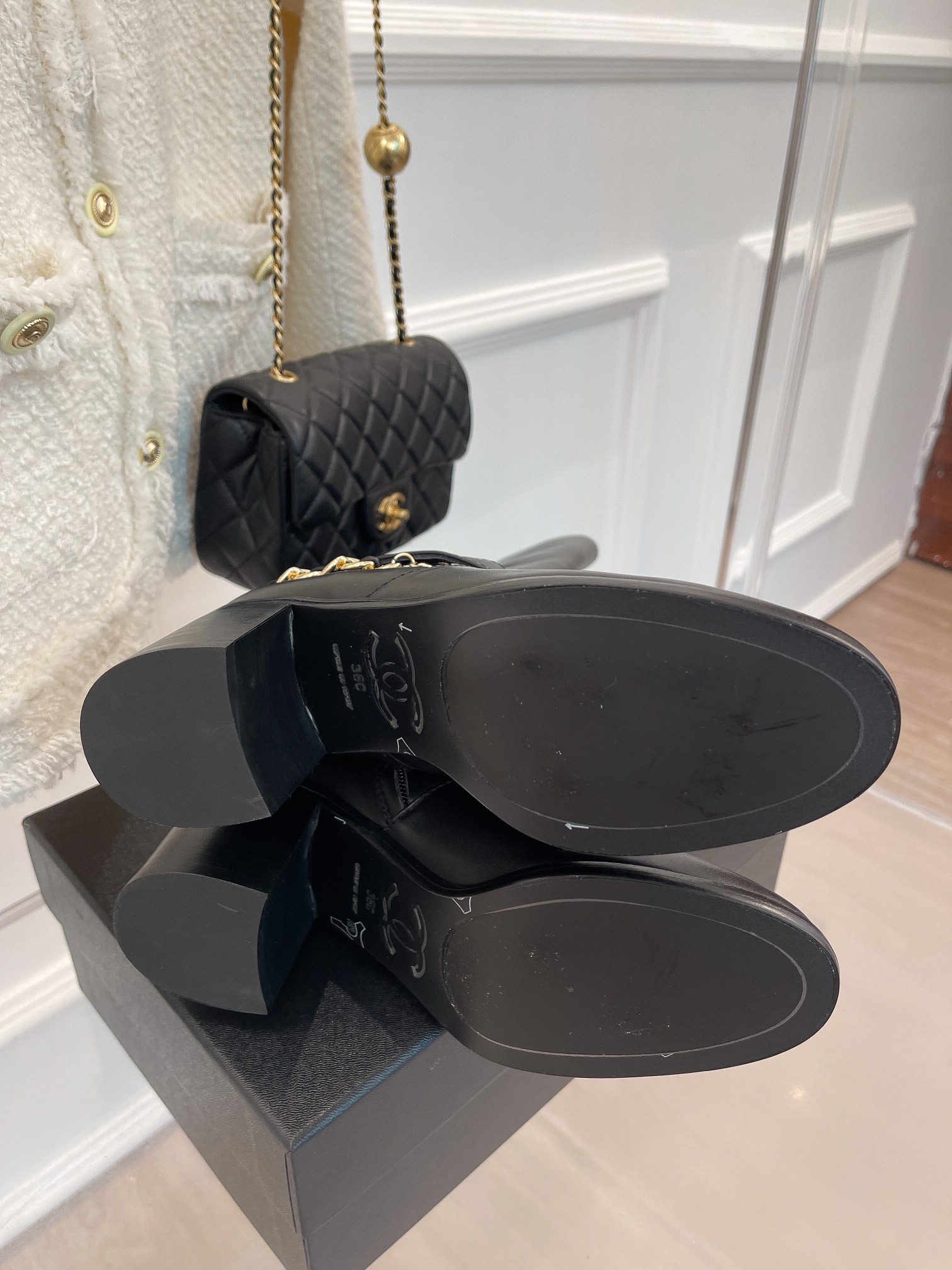 Ch**el Women’s High Boots With Chain Black For Women 3.7in/ 9.5cm