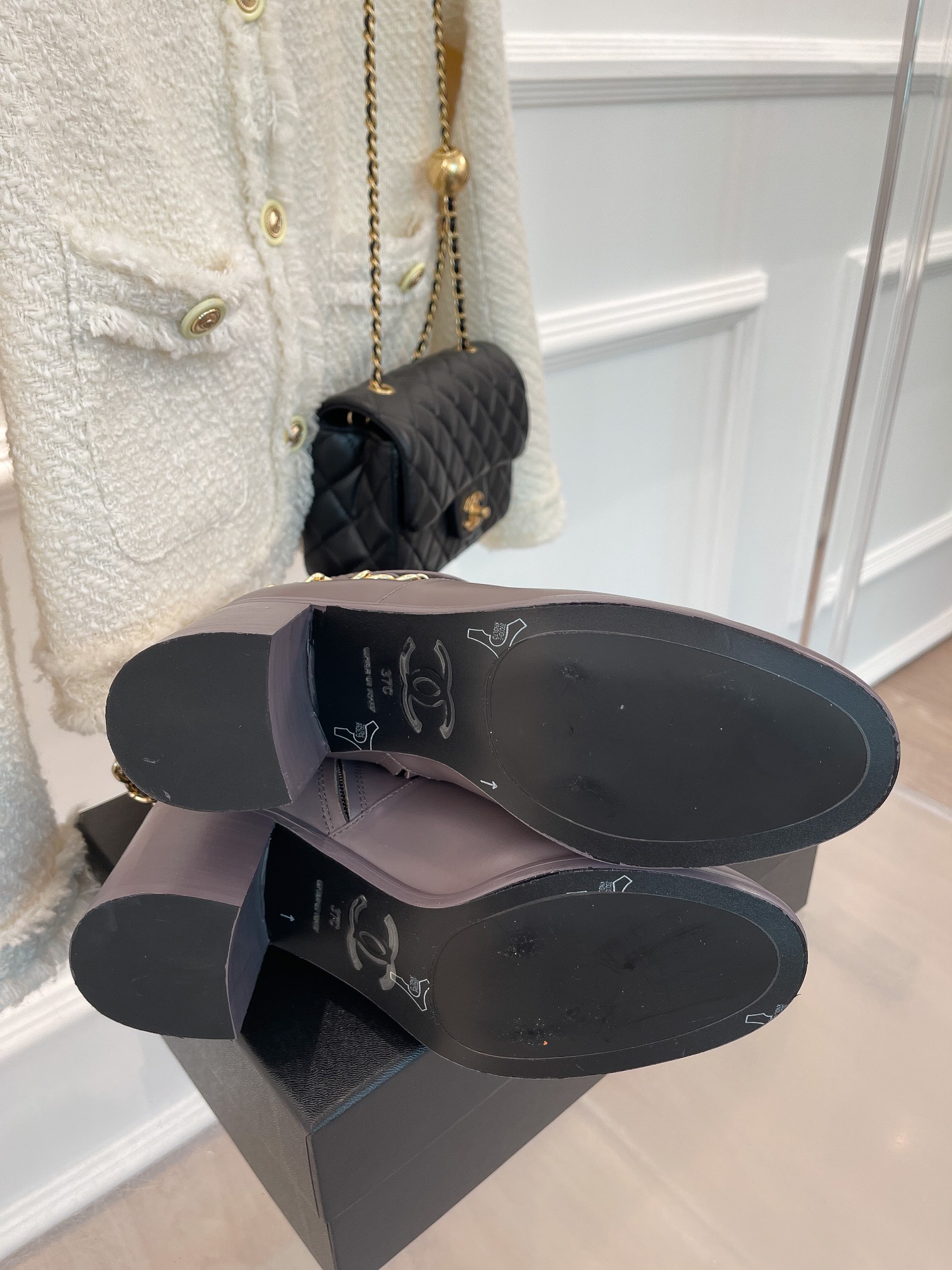 Ch**el Women’s High Boots With Chain Light Violet For Women 3.7in/ 9.5cm